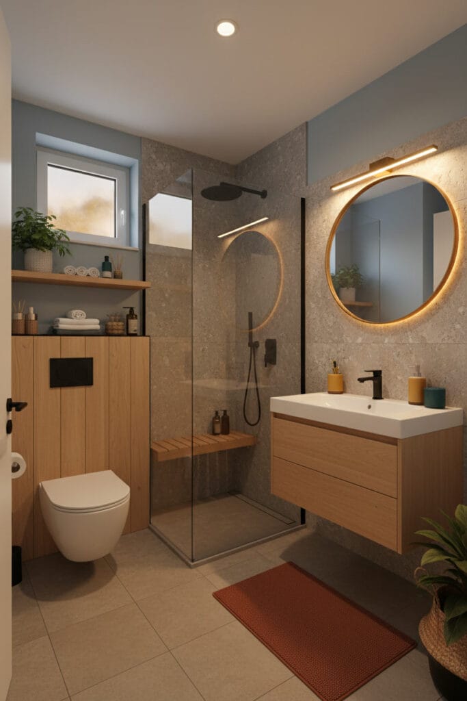 Salle de bain décorée avec peinture pastel et matériaux naturels pour une ambiance douce.