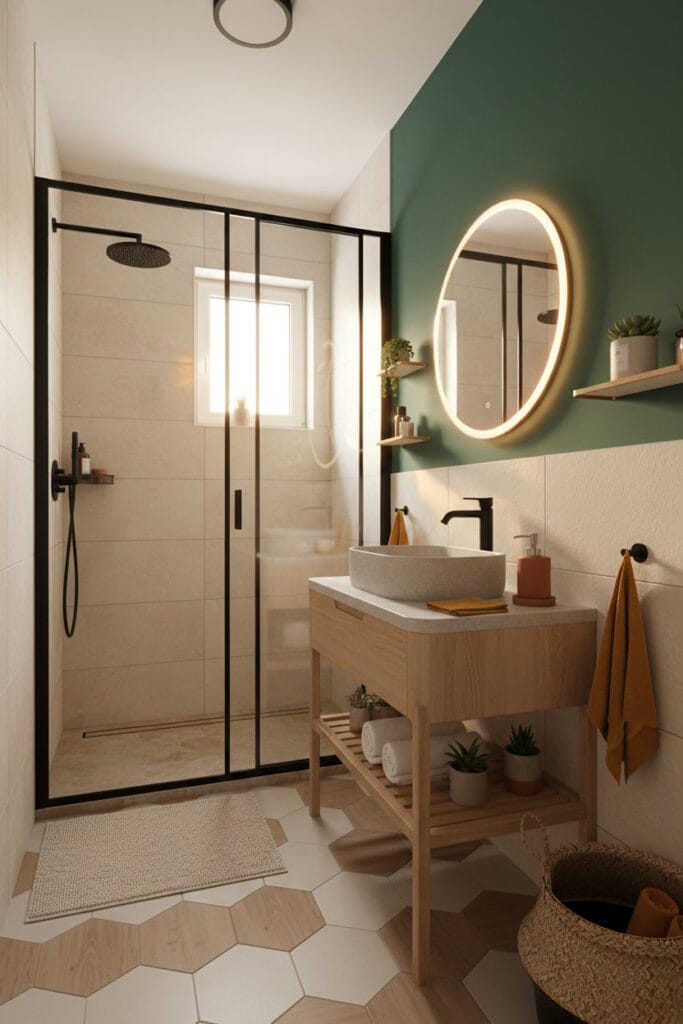 Salle de bain cosy avec mobilier en bois clair, étagères en bambou et plan vasque en pierre.