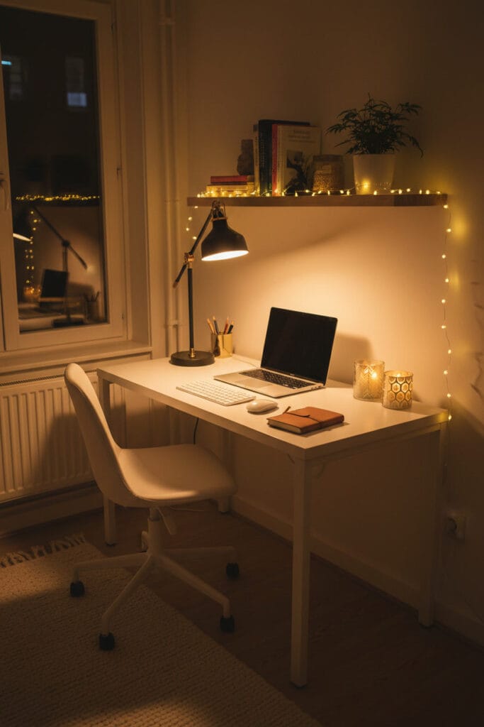 Bureau avec lampe orientable et éclairage d’ambiance chaud pour travailler confortablement