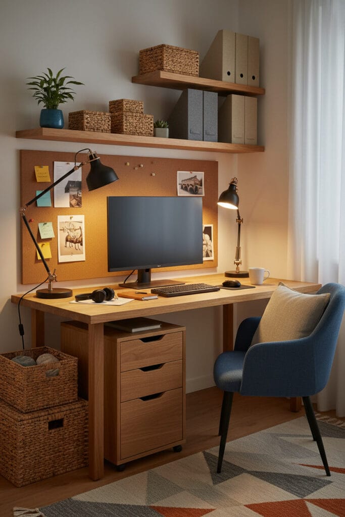 Espace de travail avec meuble à tiroirs en bois et accessoires de rangement coordonnés