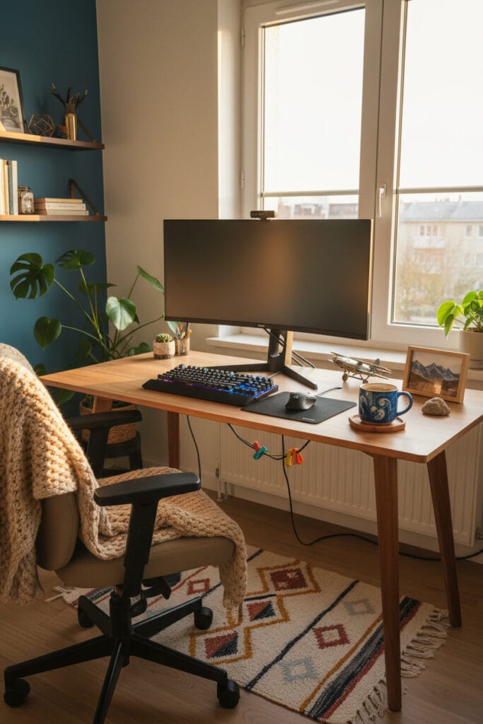 Bureau cosy avec tapis en laine, mug en céramique et accessoires personnels décoratifs