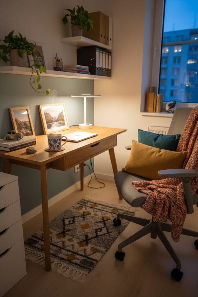 Bureau décoré avec objets souvenirs, tapis doux et ambiance chaleureuse