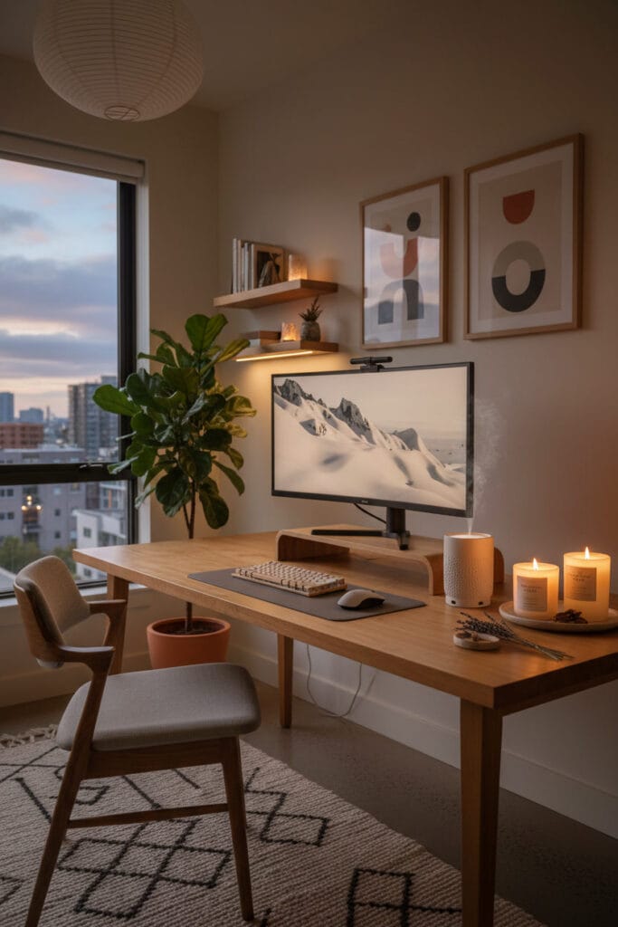 Bureau décoré avec diffuseur en céramique et bougie parfumée créant une ambiance chaleureuse
