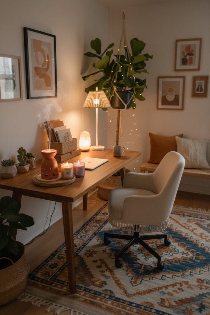 Bureau élégant avec diffuseur d’huiles essentielles et ambiance lumineuse douce