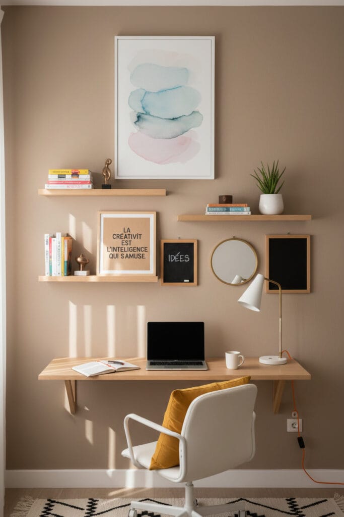 Mur de bureau décoré avec peinture mate taupe, tableau artistique et étagères murales en bois clair