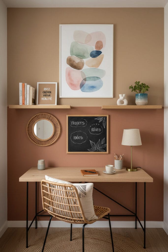 Espace de travail avec mur décoratif, miroir rond et composition murale harmonieuse