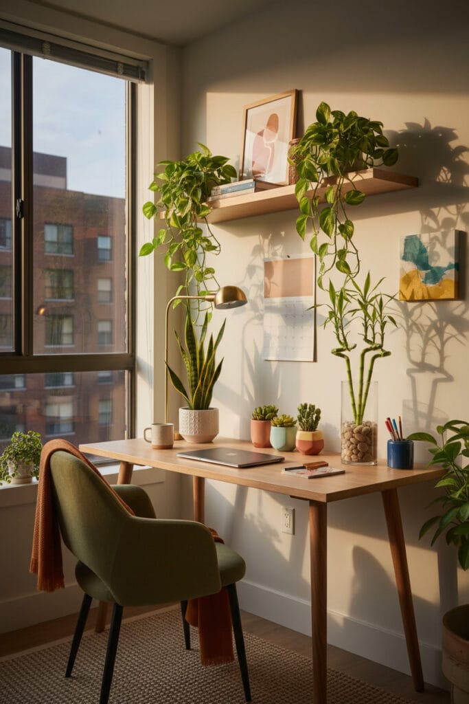 Bureau décoré avec plantes vertes en pots, créant une ambiance naturelle et apaisante