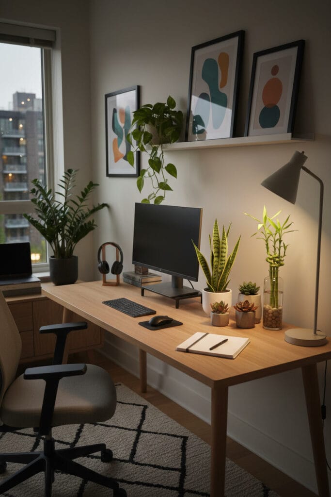 Bureau cosy avec plantes vertes variées apportant une ambiance zen