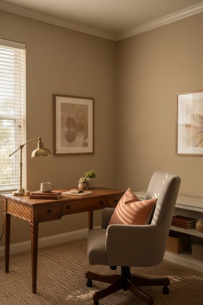 Bureau aux tons beige et taupe avec décoration douce et ambiance apaisante