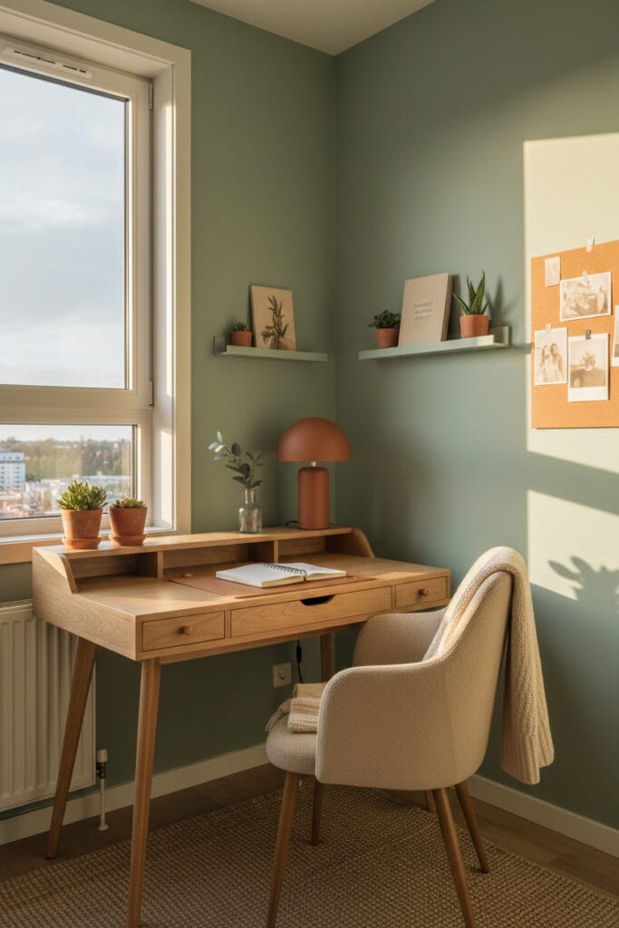 Bureau décoré dans des tons vert sauge et beige avec ambiance chaleureuse