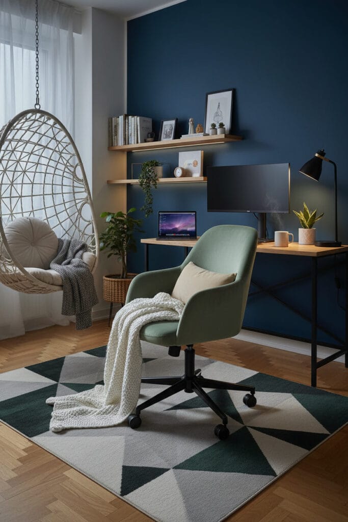 Bureau avec chaise élégante en tissu et coin détente intégré