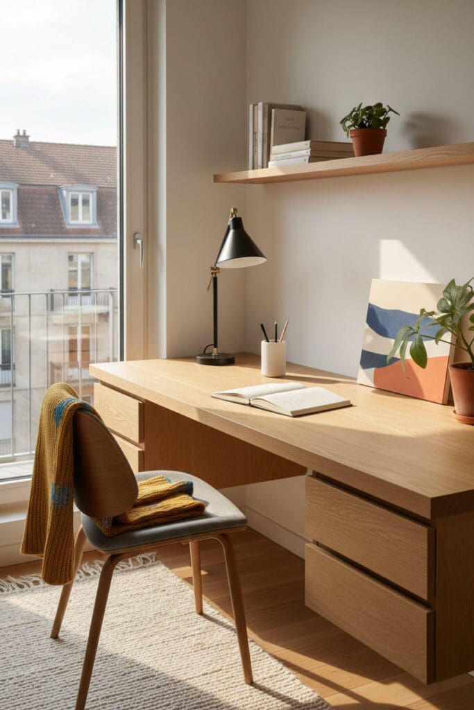 Bureau en bois clair près d’une fenêtre avec décoration minimaliste et accessoires naturels