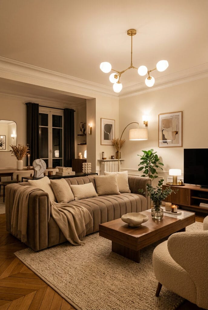 Canapé en couleur taupe avec coussins et plaid dans un salon chaleureux et cosy
