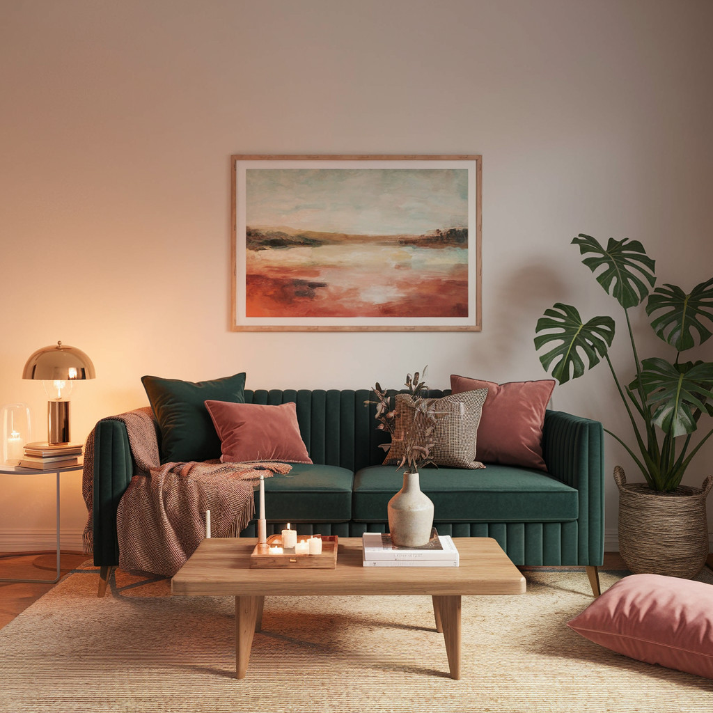 canape velours cotele vert émeraude dans un salon cosy avec coussins moelleux, plaids doux, éclairage tamisé et tableau abstrait harmonieux