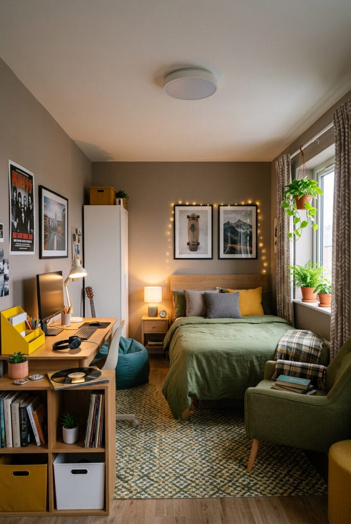 Chambre ado cosy aux couleurs harmonieuses mêlant tons neutres, nuances chaleureuses et accents colorés pour une ambiance moderne et personnalisée.