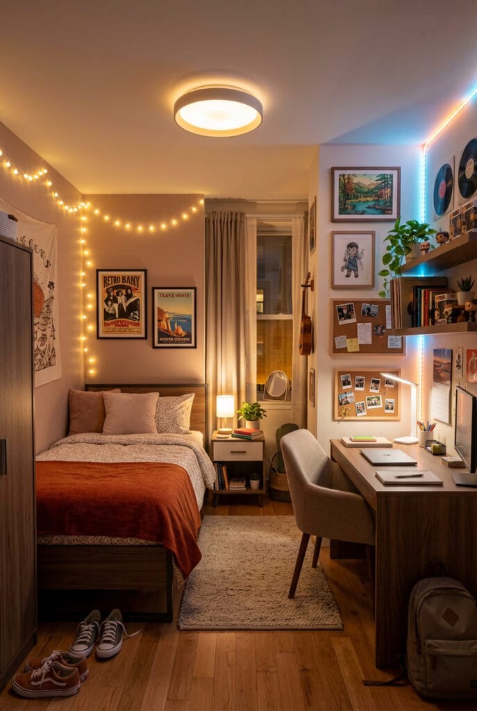 Chambre ado avec éclairage chaleureux et modulable favorisant une ambiance cosy, relaxante et adaptée aux différents moments de la journée.