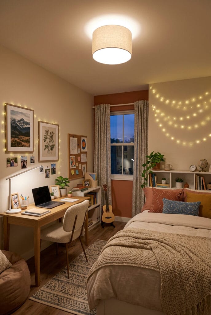 Chambre ado cosy avec un éclairage adapté favorisant à la fois la détente, le confort visuel et la concentration au quotidien.