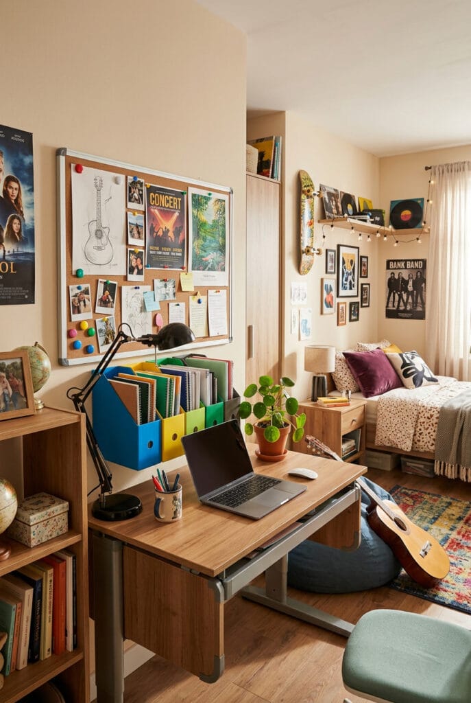 Chambre ado avec espace bureau multifonctionnel favorisant l’organisation, la créativité et la concentration dans un cadre moderne.