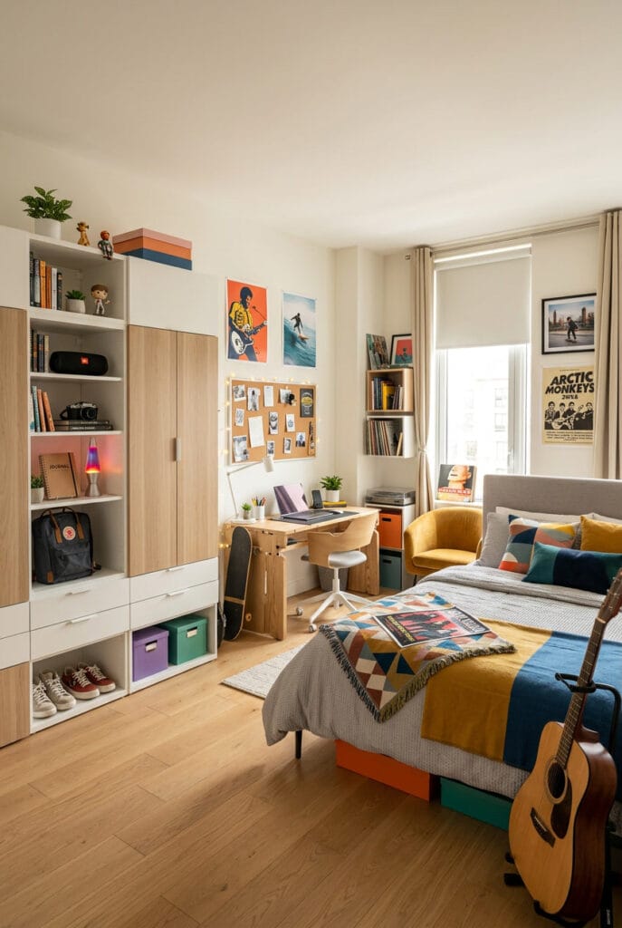 Chambre ado modulable et évolutive avec mobilier flexible et décoration neutre permettant de s’adapter facilement aux goûts changeants.