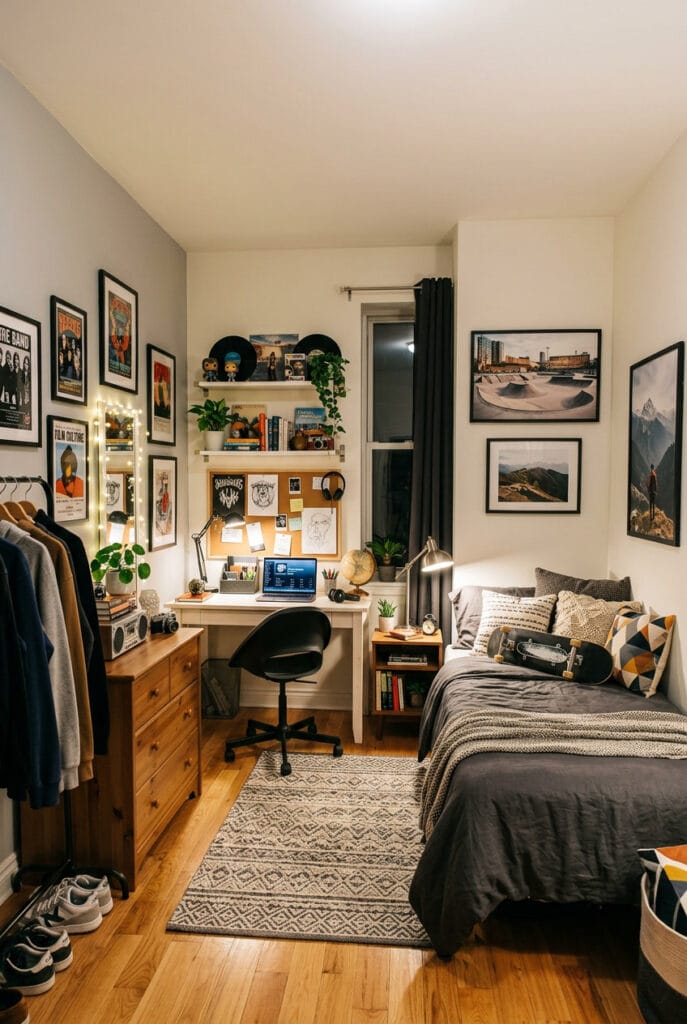 Chambre ado décorée de façon économique avec mobilier intemporel, accessoires personnalisables et solutions de rangement créatives et abordables.