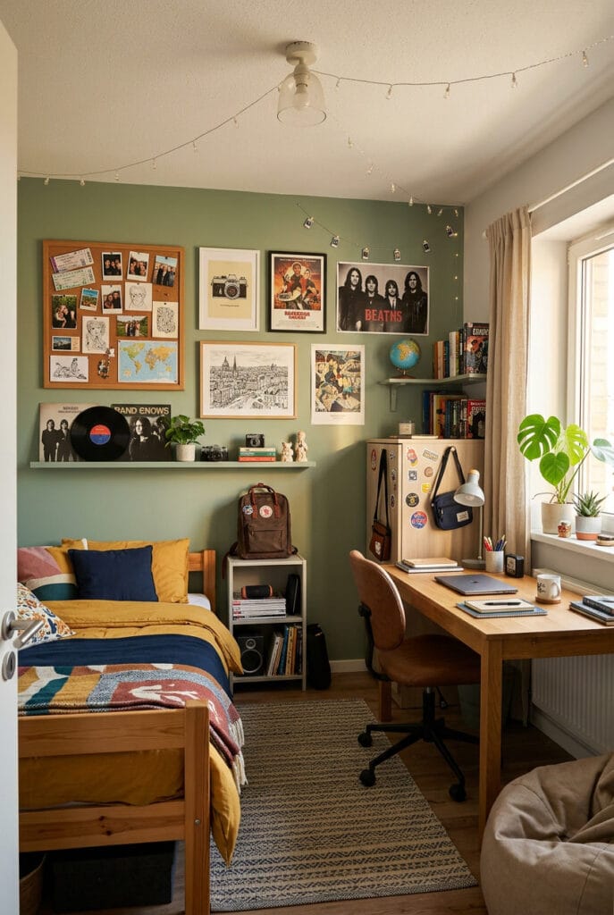 Chambre ado avec mur en liège pour épingler souvenirs et étagère dédiée aux objets fétiches pour un espace créatif personnel