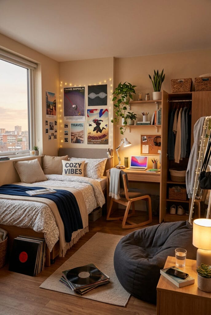 Chambre ado organisée en zones distinctes coin bureau éclairé espace détente avec pouf et zone dressing pour un environnement harmonieux