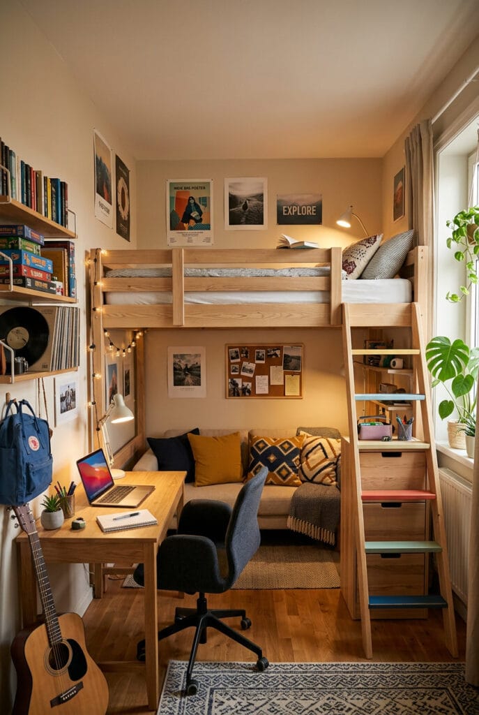 Lit mezzanine dans une chambre ado libérant l'espace au sol pour un coin bureau ou détente avec échelle de rangement