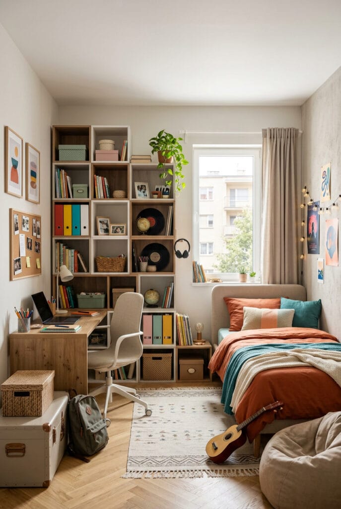 Chambre ado avec bibliothèques modulaires à cases de différentes tailles pour un rangement optimisé et organisé sans désordre