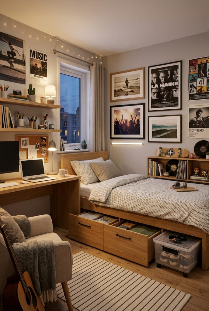 Chambre ado avec bacs à roulettes sous le lit et étagères flottantes au-dessus du bureau pour un rangement optimisé et fonctionnel