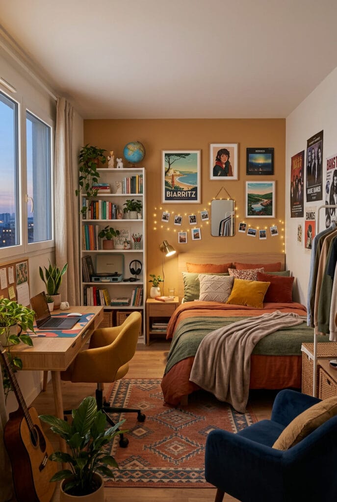Chambre ado aux couleurs tendance avec base neutre taupe et gris perle tons terreux et accents vibrants jaune moutarde pour une ambiance harmonieuse
