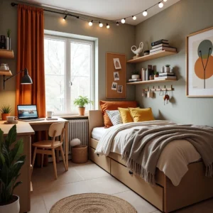 Chambre ado aménagée avec lit modulable, bureau ergonomique et rangements astucieux dans une ambiance cosy et personnalisée