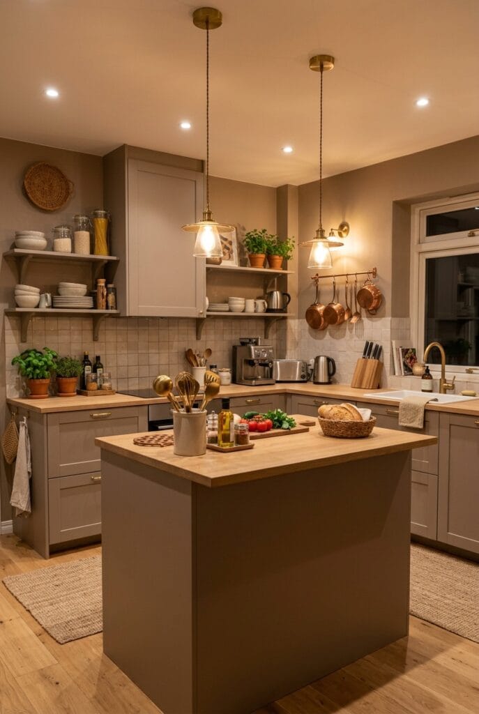 Cuisine couleur taupe foncé avec îlot central et poignées en cuivre créant un contraste élégant