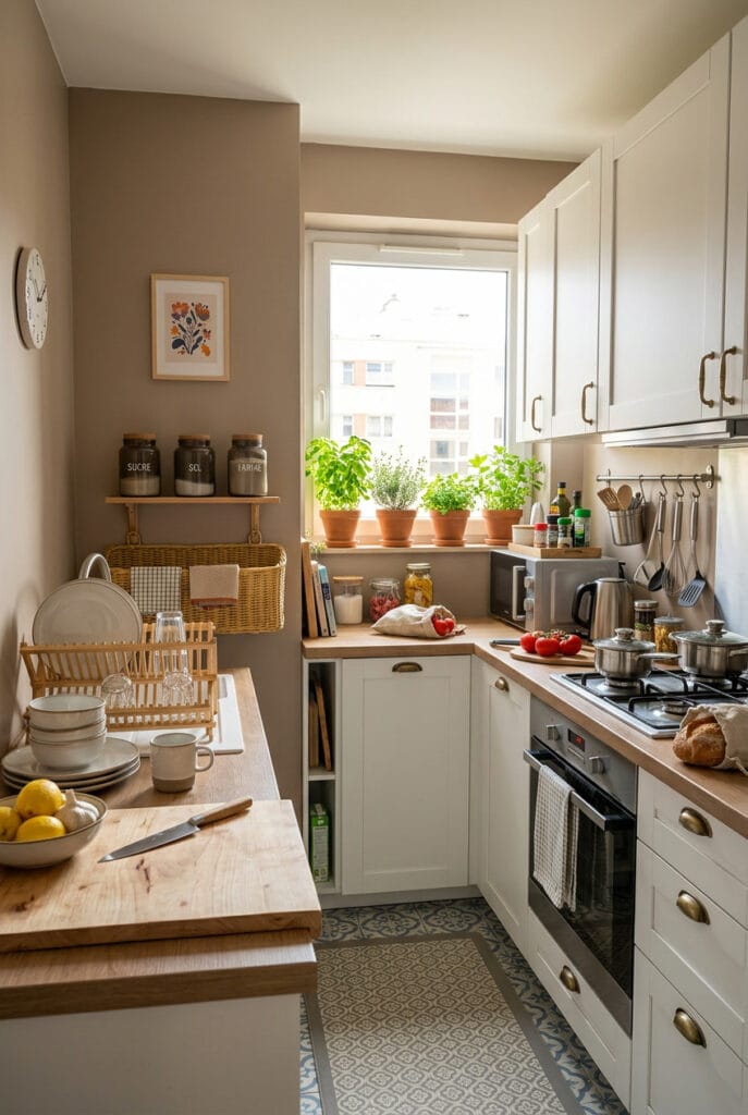 Accessoires cuisine couleur taupe avec porcelaine blanche, pots en terre cuite et matières naturelles en harmonie