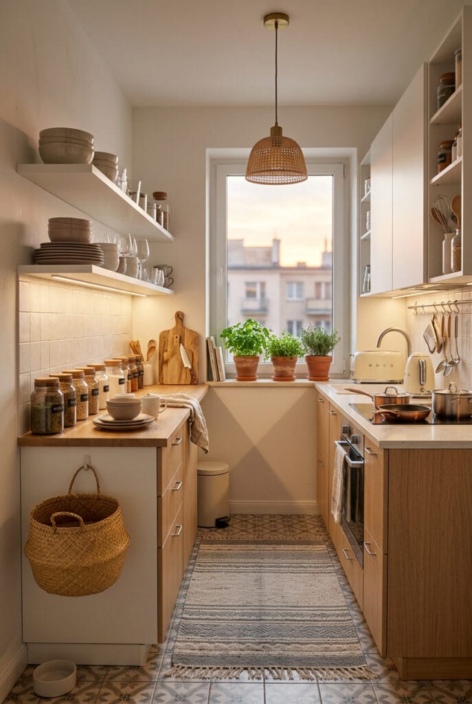 Détails décoratifs discrets en couleur taupe dans une cuisine raffinée avec bocaux en verre et planche en bois
