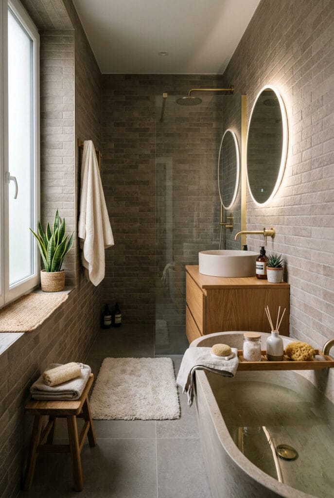 Salle de bain esprit spa avec carrelage couleur taupe grisé en grandes dalles et mosaïque murale en dégradé
