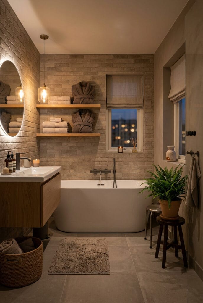 Salle de bain agrandie visuellement par de grandes dalles couleur taupe grisé au sol et briques de parement murales
