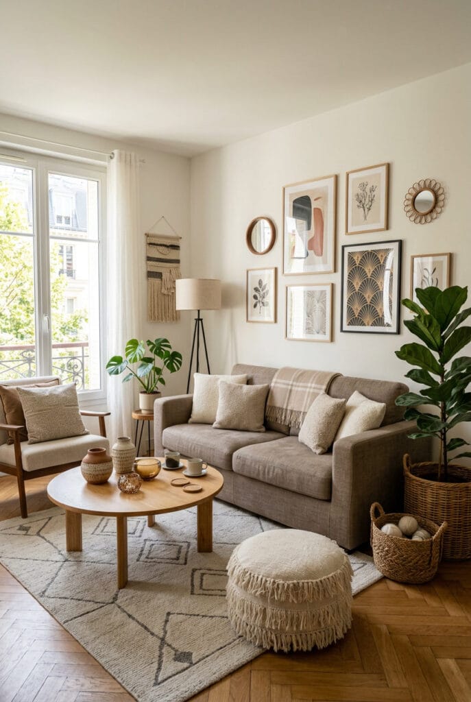 Salon harmonieux décoré autour d'un canapé couleur taupe aux textures naturelles