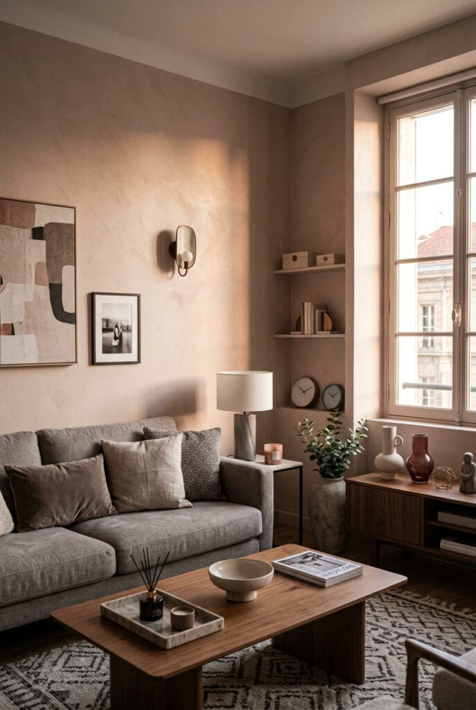 Mur couleur taupe associé à des matériaux bruts comme le bois vieilli et la brique naturelle