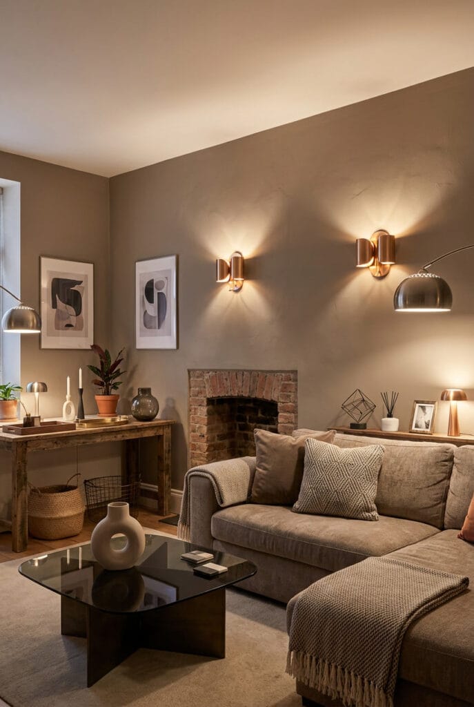 Salon avec mur couleur taupe sublimé par des appliques orientables créant des jeux d'ombre élégants