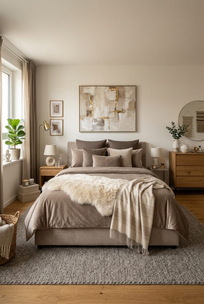 Chambre cocooning avec literie en couleur taupe, couvre-lit en velours et coussins aux textures douces