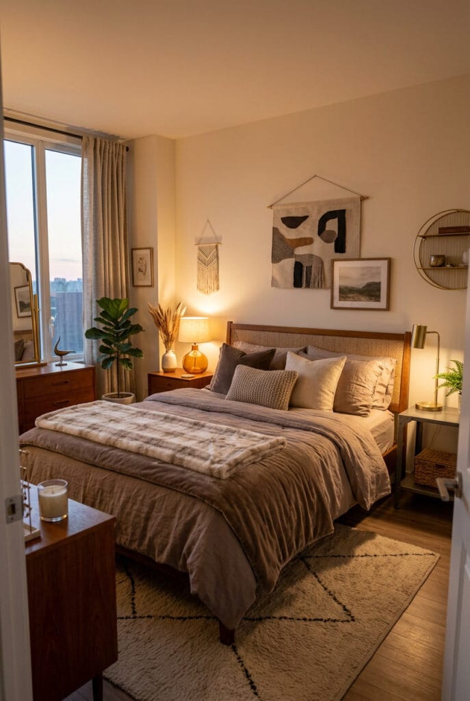 Chambre habillée de couleur taupe avec plaid en cachemire crème et coussins en velours pour une ambiance chaleureuse