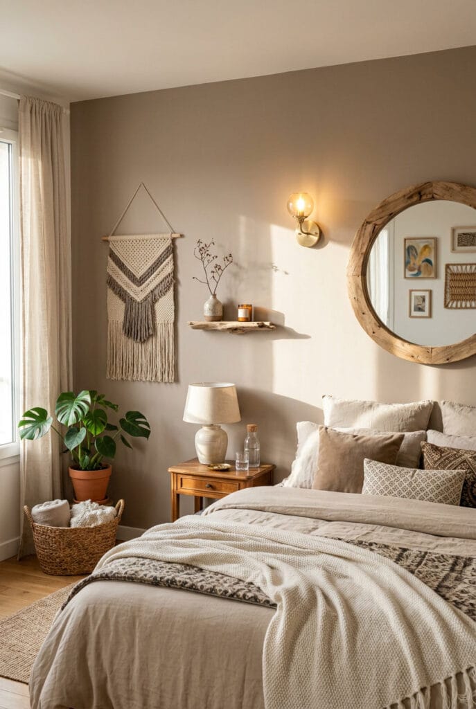 Mur couleur taupe dans une chambre zen orné d'un miroir en bois brut et d'une applique dorée tamisée
