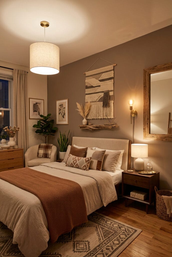 Mur chambre couleur taupe décoré harmonieusement avec étagère bois flotté et éléments naturels