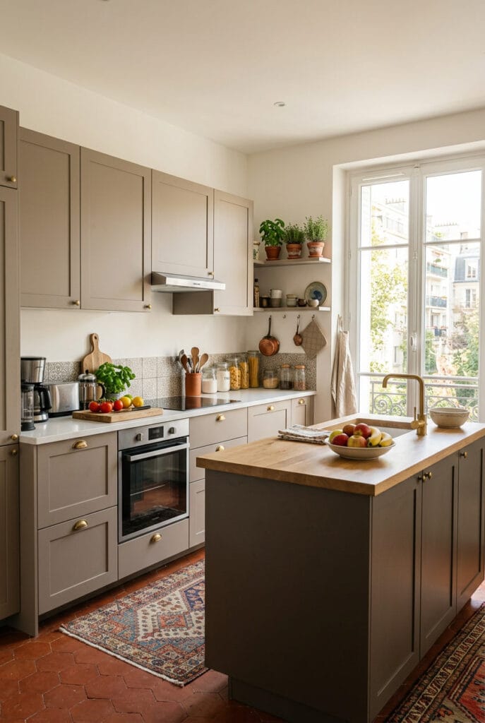 Cuisine aux meubles couleur taupe mat avec poignées en laiton et plan de travail en quartz blanc
