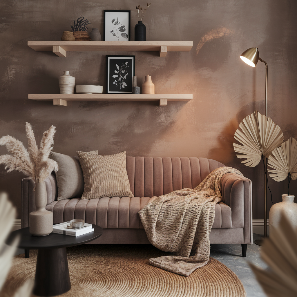 Salon cosy avec canapé en velours couleur taupe, mur texturé tonal et décorations naturelles pour une ambiance apaisante