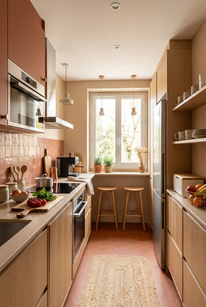 Palette de couleurs chaudes beige et terracotta pour une cuisine cosy