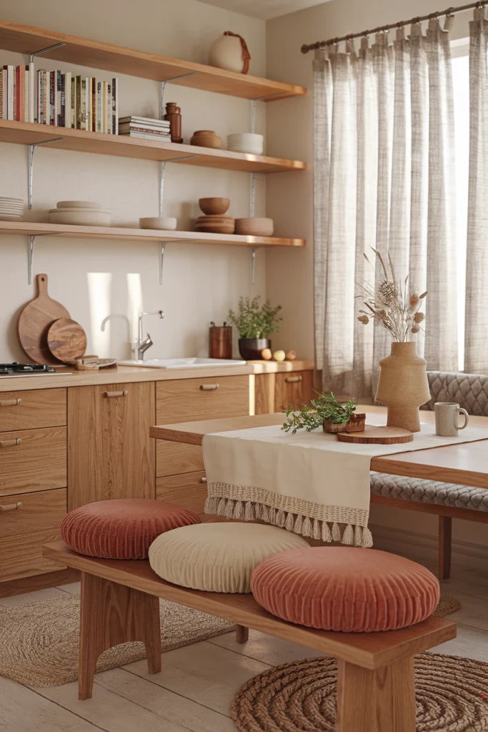 Cuisine cosy avec matériaux naturels : étagères en chêne, plan de travail en noyer, rideaux en lin et tapis en jute créant une ambiance chaleureuse et texturée