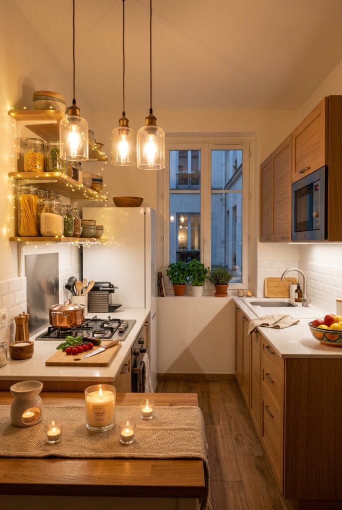 Luminaires suspendus et bougies parfumées pour une cuisine cosy
