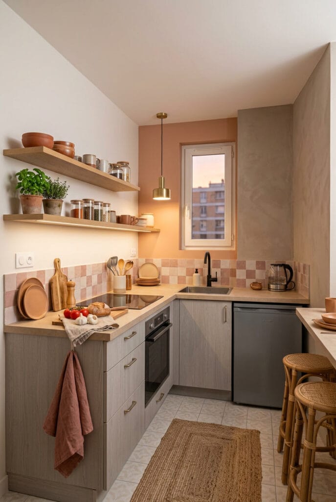 Mélange de couleurs neutres et chaudes pour une cuisine cosy équilibrée