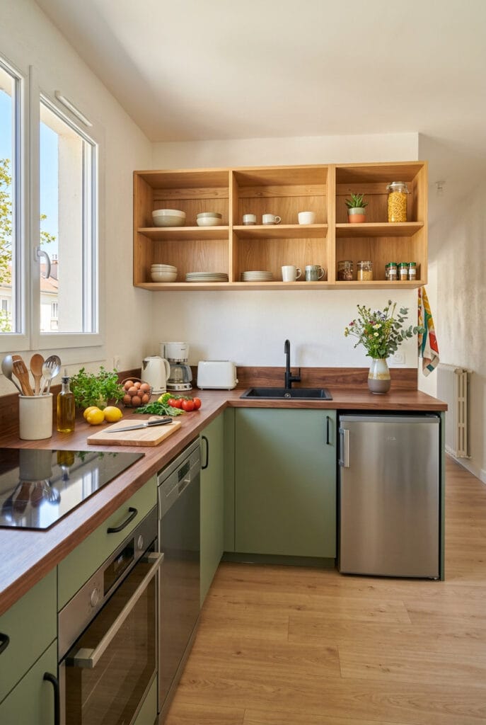 Étagère en chêne clair et plan de travail en noyer pour une cuisine cosy